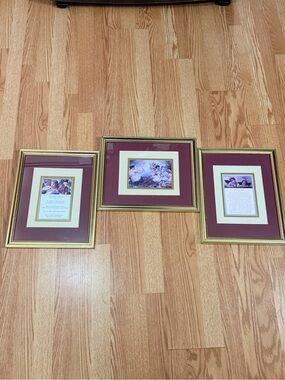 Vintage Set of Three Gold Picture Frames with Burgundy Mats - Unbranded